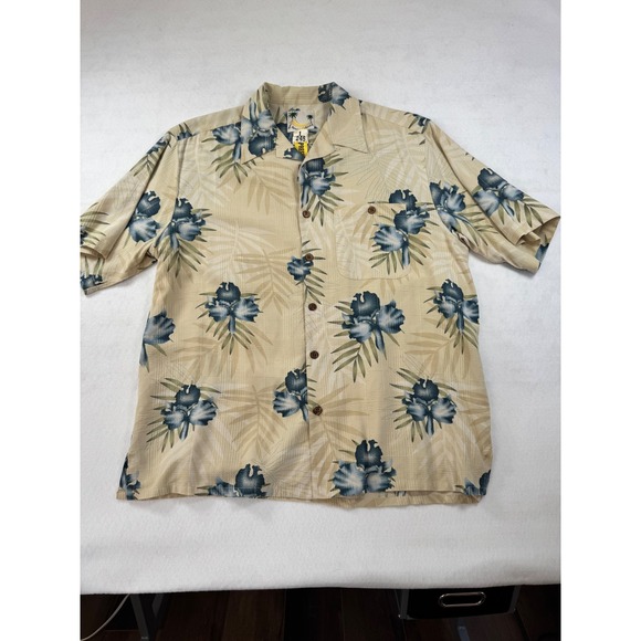 Banana Cabana Other - Banana Cabana Mens Large Silk Hawaiian Shirt Tan Blue Floral Short Sleeve Button